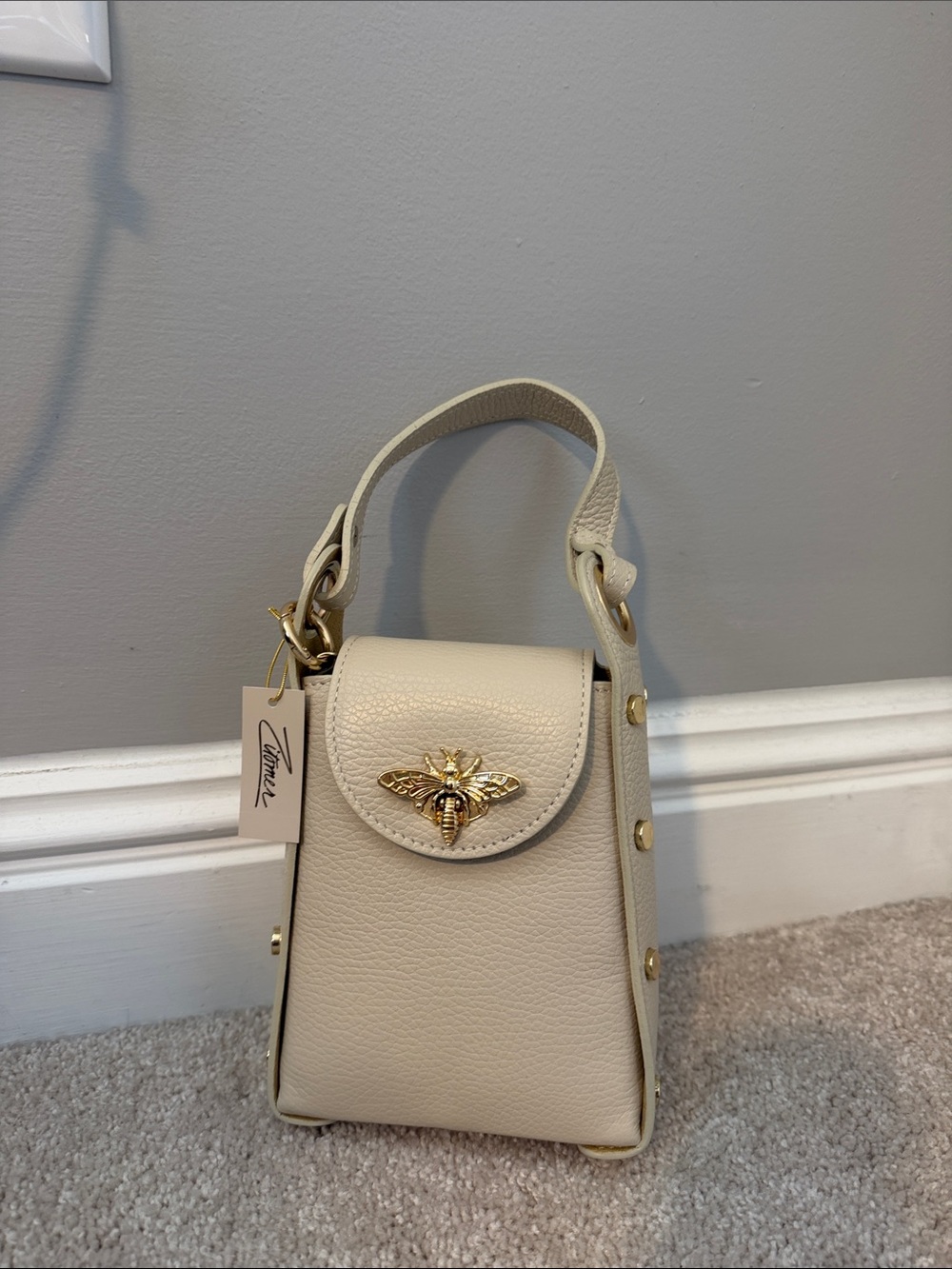 Bee-Embellished Cream Leather Top-Handle Bag